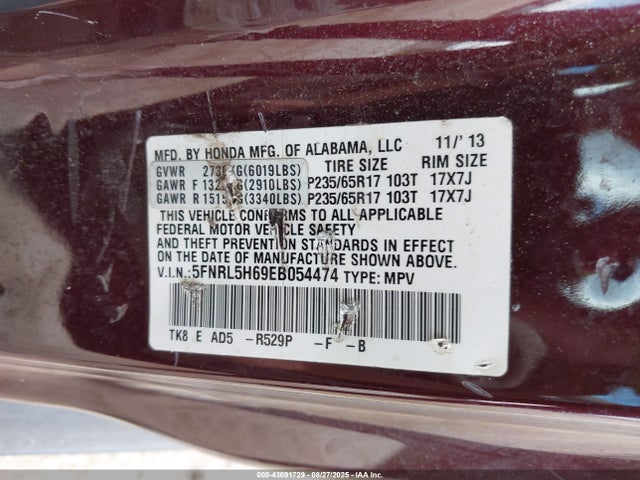 Honda j35z8 2014 5FNRL5H69EB054474 Image 9