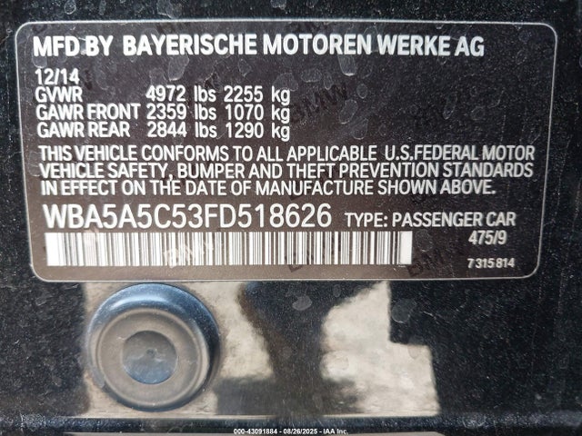 43091884 :رقم المزاد ، WBA5A5C53FD518626 vin ، 2015 Bmw 528i مزاد بيع