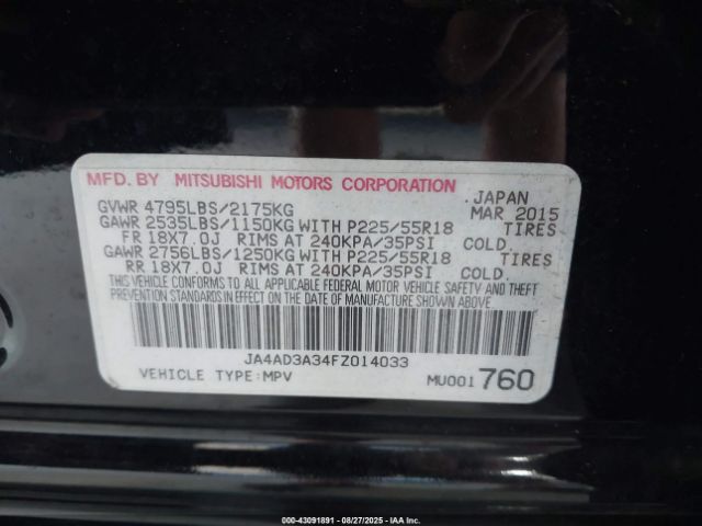 2015 MITSUBISHI OUTLANDER JA4AD3A34FZ014033 Photo 8