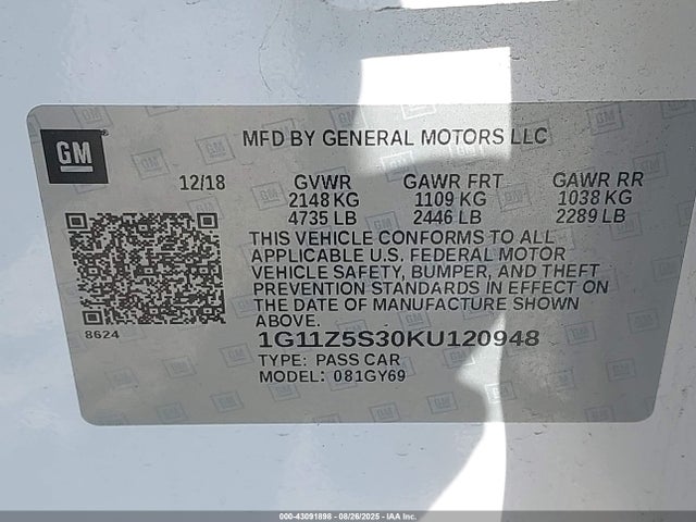 1G11Z5S30KU120948 Chevrolet lfx - spark ignited direct injection, vvt, e85 max, alum