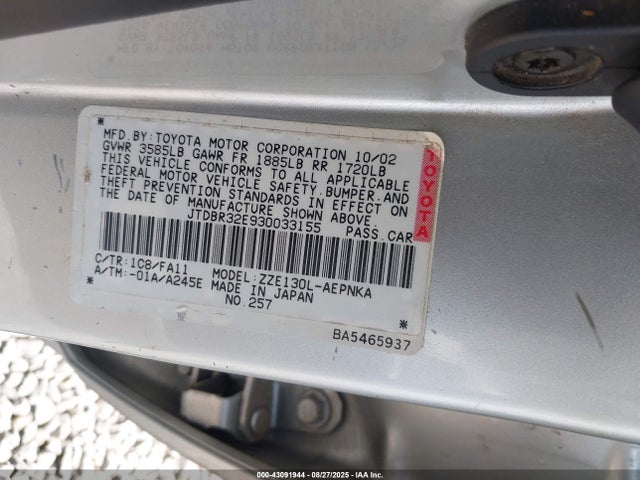 43091944 :رقم المزاد ، JTDBR32E930033155 vin ، 2003 Toyota Corolla Le مزاد بيع