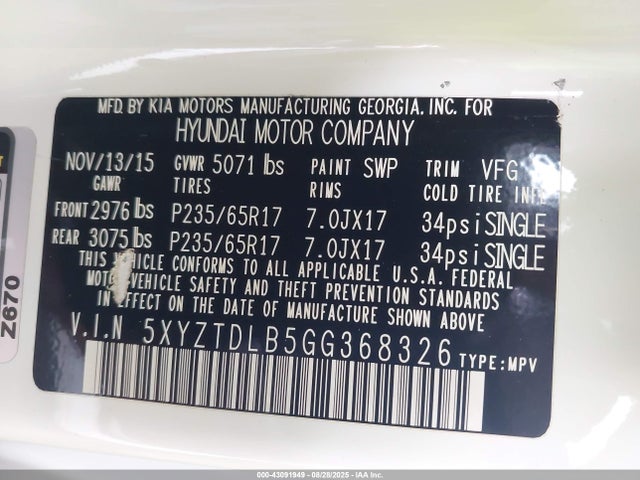 5XYZTDLB5GG368326 Hyundai gdi theta ii