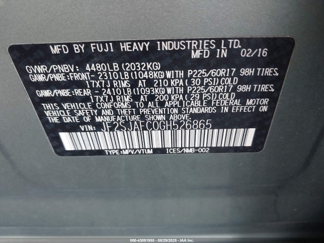 Subaru naturally aspirated u5 2016 JF2SJAFC0GH526865 Image 9