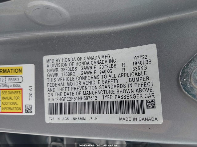 2HGFE2F51NH597612 Honda k20c2
