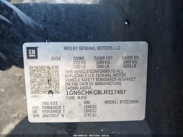 43092124 :رقم المزاد ، 1GNSCHKC8LR117497 vin ، 2020 Chevrolet Suburban 2wd Lt مزاد بيع