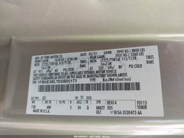 Aukcja sprzedaży 2012 Ford E-350 Super Duty Xlt, vin: 1FBNE3BL1CDB00173, numer aukcji: 43092301