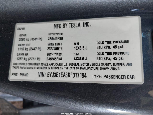 2019 TESLA MODEL 3 5YJ3E1EA8KF317194 Photo 8