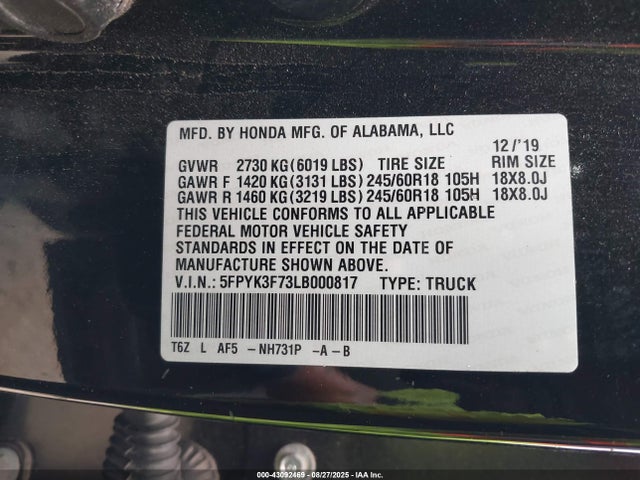 Honda j35y6 2020 5FPYK3F73LB000817 Image 9