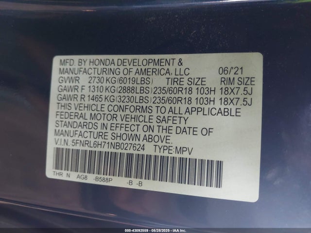 Honda j35y7 2022 5FNRL6H71NB027624 Image 9
