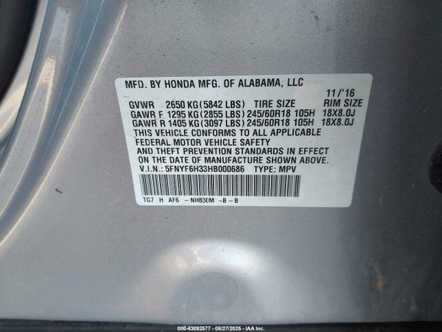 Honda j35y6 2017 5FNYF6H33HB000686 Image 9
