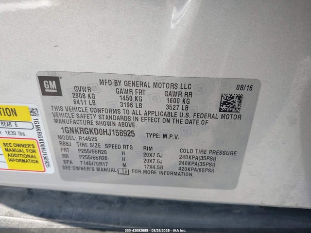 1GNKRGKD0HJ158925 Chevrolet llt - sidi: spark ignited direct injection, alum, 60 degrees