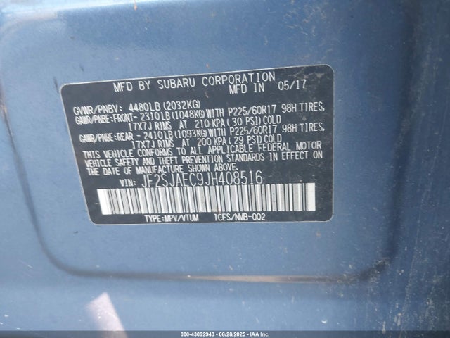 Subaru naturally aspirated u5 2018 JF2SJAEC9JH408516 Image 9