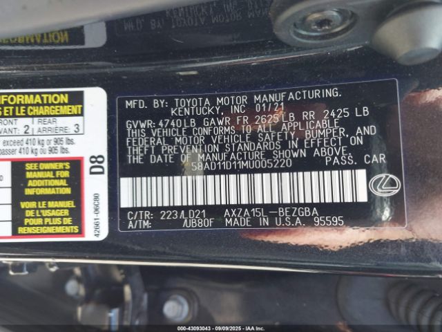 2021 LEXUS ES 250 58AD11D11MU005220 Photo 8