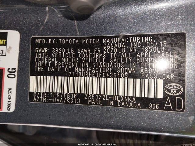 Toyota 2zr-fe 2015 2T1BURHE1FC436405 Image 9