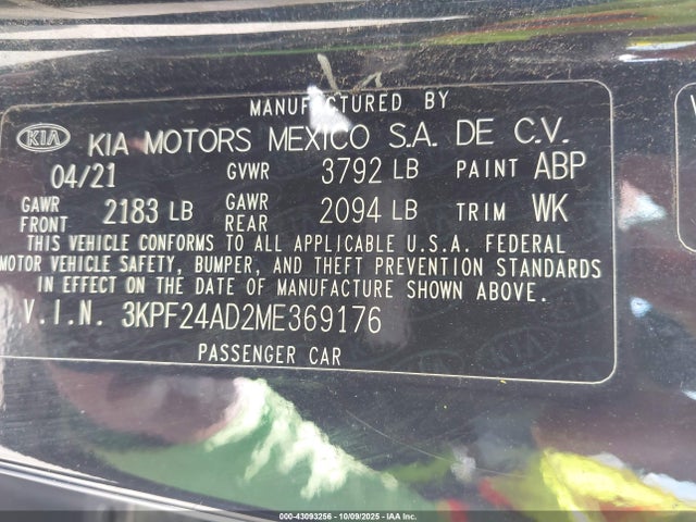 2021 Kia Forte Fe მანქანა იყიდება აუქციონზე, vin: 3KPF24AD2ME369176, აუქციონის ნომერი: 43093256