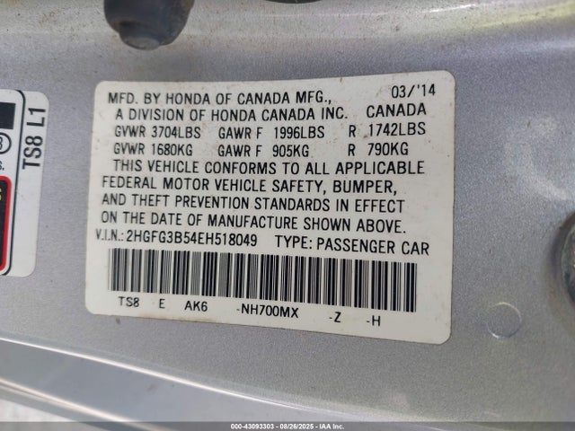 2HGFG3B54EH518049 Honda r18z1