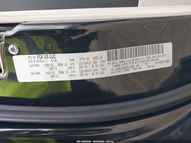 Aukcja sprzedaży 2018 Chrysler Pacifica Touring L, vin: 2C4RC1BG8JR314923, numer aukcji: 43093380