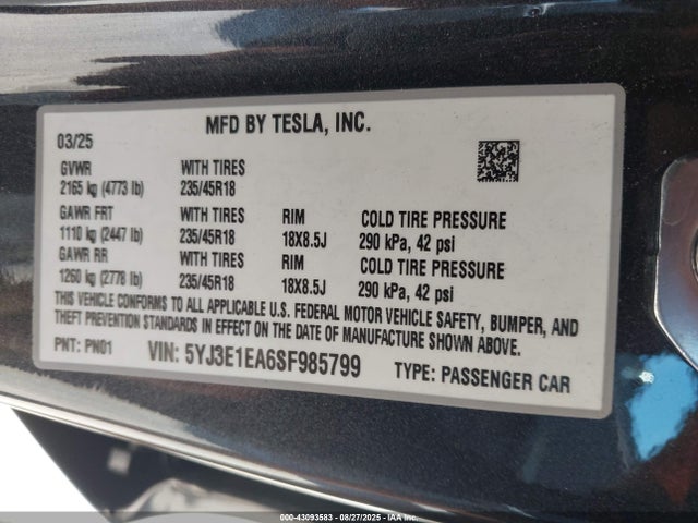 5YJ3E1EA6SF985799 Tesla 2025