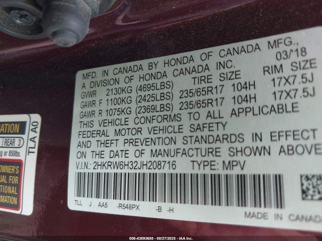 2HKRW6H32JH208716 Honda k24w9/k24v9