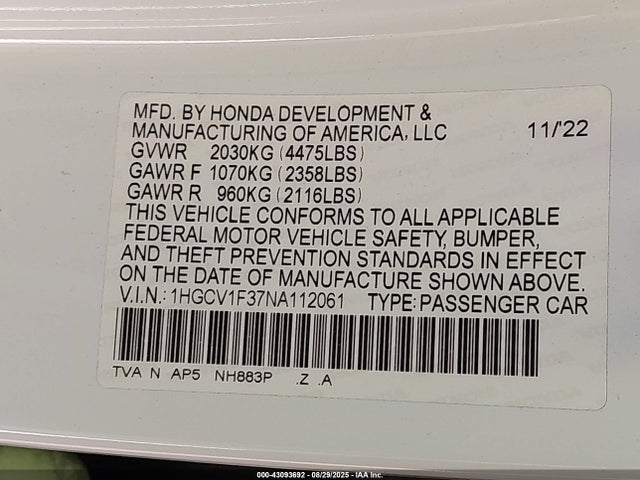 1HGCV1F37NA112061 Honda l15be