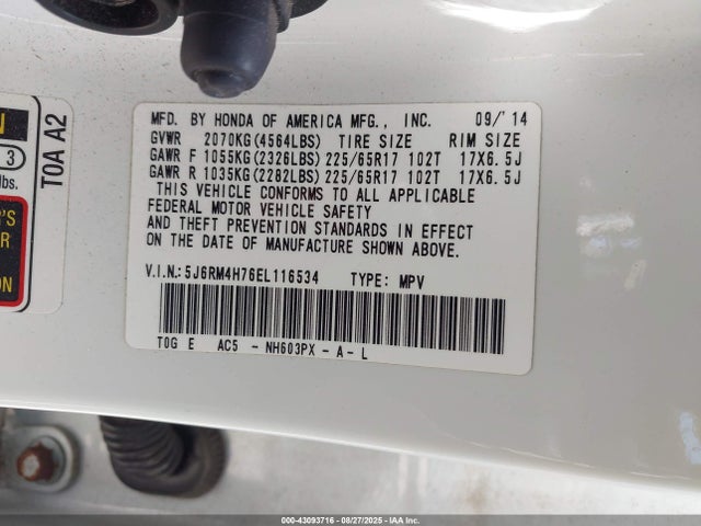 Honda k24z7 2014 5J6RM4H76EL116534 Image 9