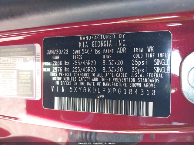 43093721 :رقم المزاد ، 5XYRKDLFXPG184313 vin ، 2023 Kia Sorento Sx مزاد بيع