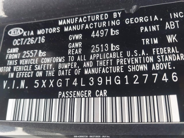 5XXGT4L39HG127746 KIA g 2.4 dohc gdi