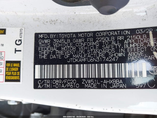 JTDKAMFU6N3174247 Toyota 2zr-fxe,1nm