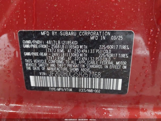 2025 Subaru Crosstrek Premium მანქანა იყიდება აუქციონზე, vin: JF2GUHDC2SH257768, აუქციონის ნომერი: 43093824