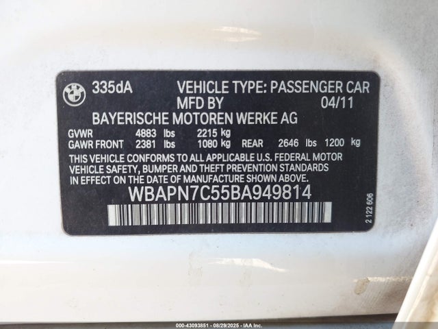 Aukcja sprzedaży 2011 Bmw 335d, vin: WBAPN7C55BA949814, numer aukcji: 43093851
