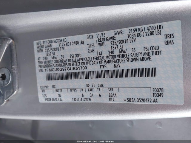 1FMCU0G97GUB51700 Ford 2016