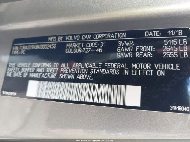 2019 VOLVO S60 7JRA22TK6KG002452 Photo 8