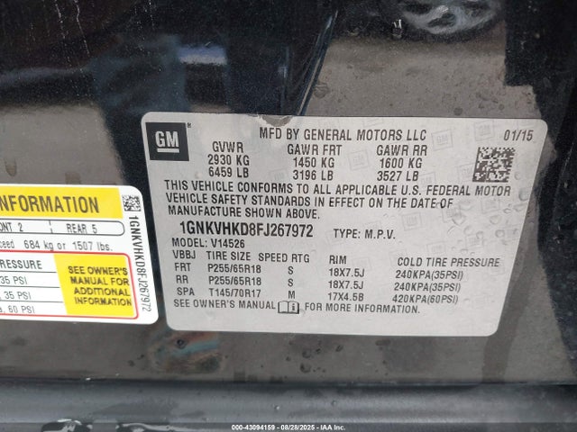 43094159 :رقم المزاد ، 1GNKVHKD8FJ267972 vin ، 2015 Chevrolet Traverse 2lt مزاد بيع