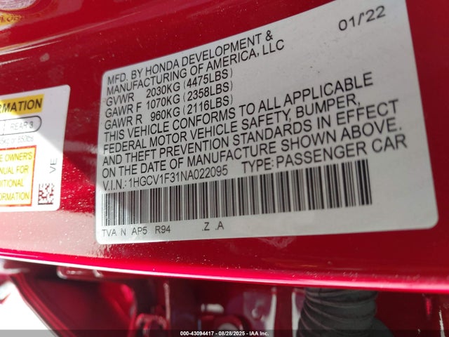 1HGCV1F31NA022095 Honda l15be