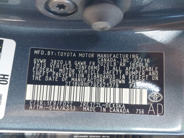 Toyota 2zr-fe 2016 2T1BURHE7GC621379 Image 9