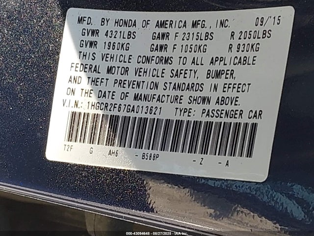 1HGCR2F67GA013621 Honda Accord Sport