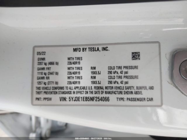 2022 TESLA MODEL 3 5YJ3E1EB5NF254066 Photo 8