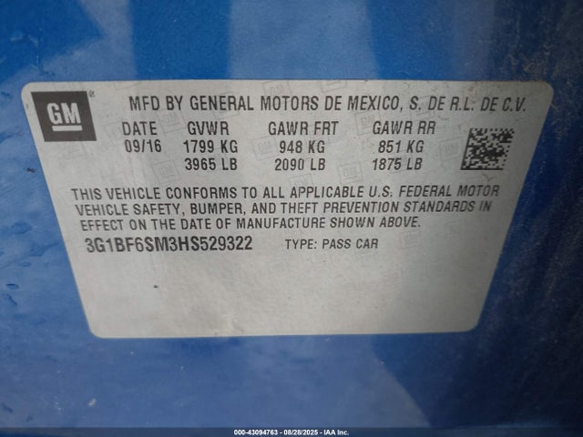 3G1BF6SM3HS529322 Chevrolet le2 -di: direct injection, vvt: variable valve timing, gen, alum
