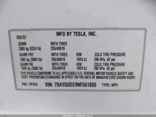 2022 TESLA MODEL Y 7SAYGDEE9NF561805 Photo 8