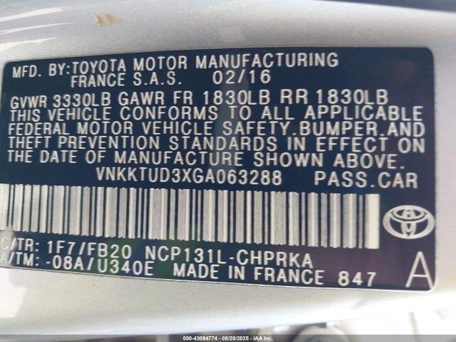 VNKKTUD3XGA063288 Toyota 1nz-fe