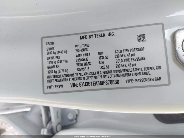 Tesla MODEL 3 2021 5YJ3E1EA3MF870838 Image 9