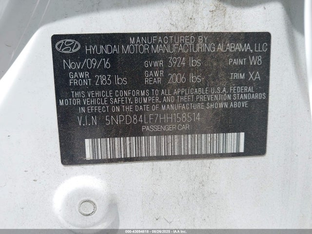 5NPD84LF7HH158514 Hyundai Elantra
