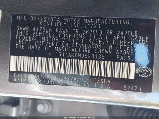 2021 Toyota Camry Se მანქანა იყიდება აუქციონზე, vin: 4T1G11AK6MU528136, აუქციონის ნომერი: 43094826