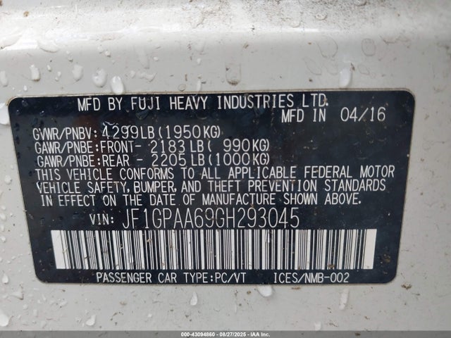 Subaru 2.0l na 2016 JF1GPAA69GH293045 Image 9