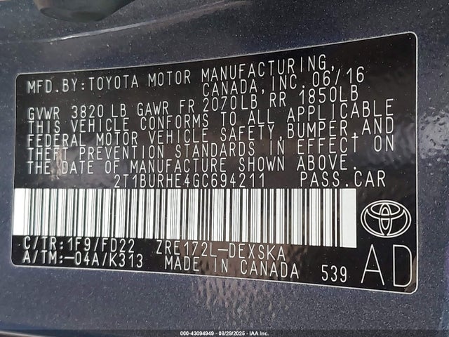 Toyota 2zr-fe 2016 2T1BURHE4GC694211 Image 9