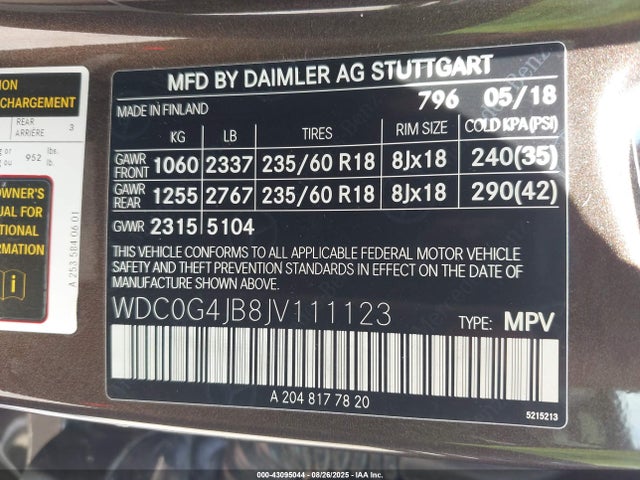 WDC0G4JB8JV111123 Mercedes-Benz m274