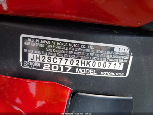 2017 HONDA CBR1000 JH2SC7702HK000717 Photo 9