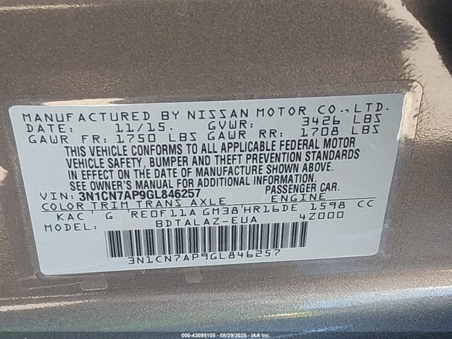 3N1CN7AP9GL846257 Nissan Versa
