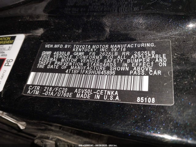 4T1BF1FK9HU645896 Toyota 2ar-fe