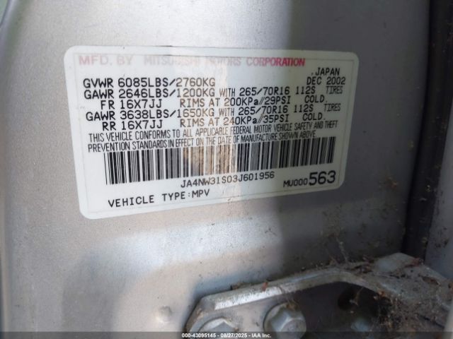 2003 MITSUBISHI MONTERO JA4NW31S03J601956 Photo 8